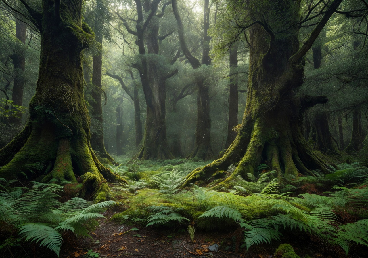 Ancient forest with tall trees and soft green ferns