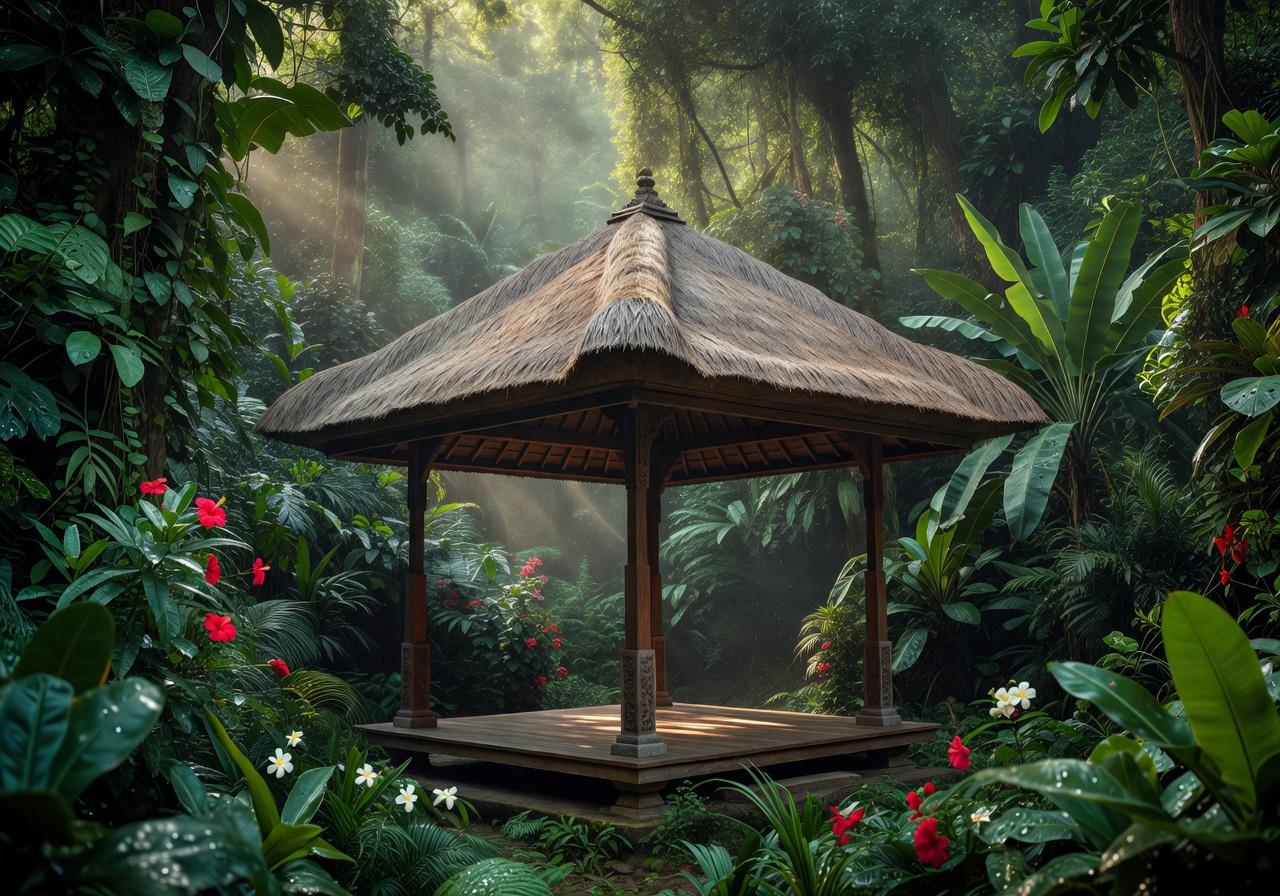 Bali yoga pavilion in lush green jungle setting