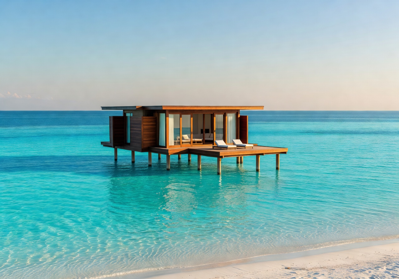 Luxury overwater villa surrounded by turquoise tropical waters