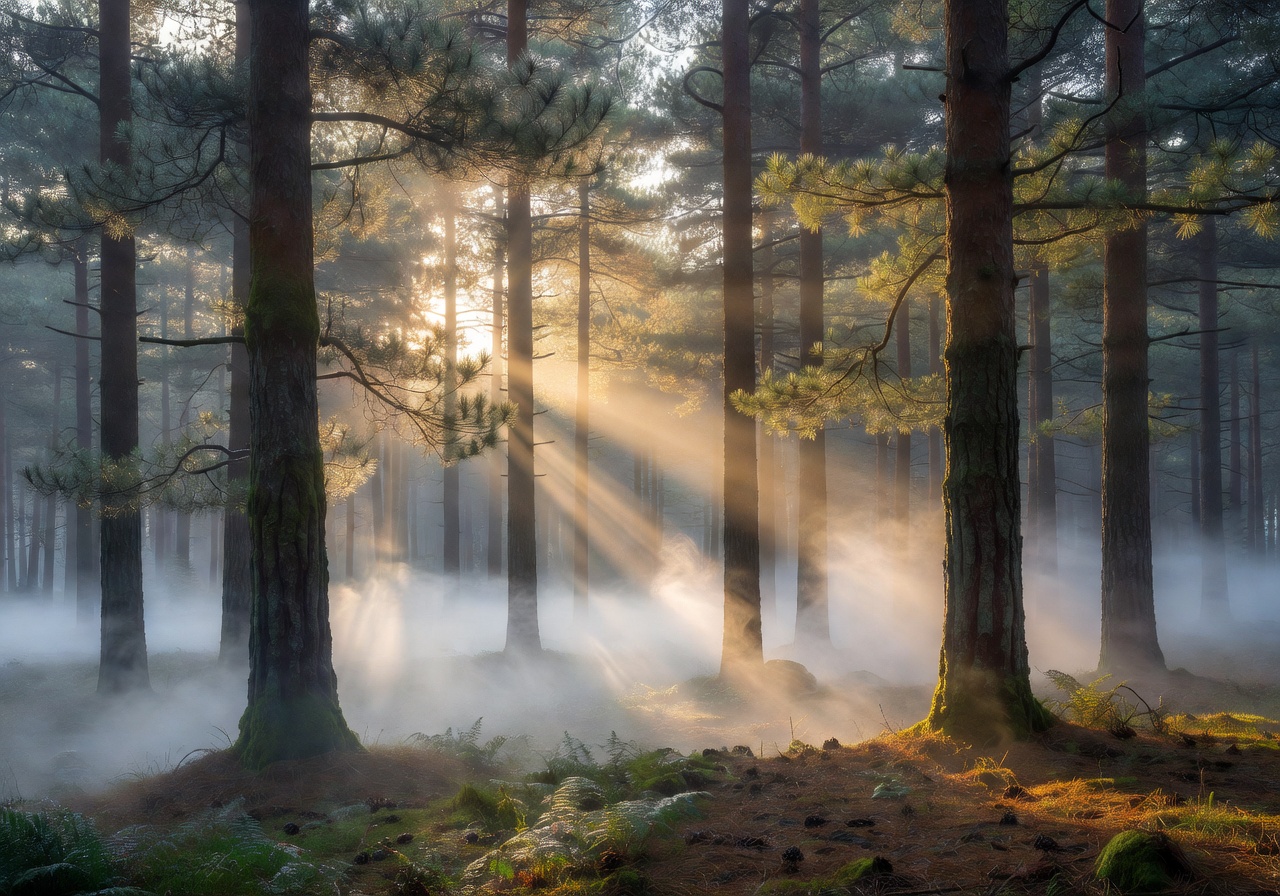 Misty pine forest at dawn with golden sunlight filtering through trees