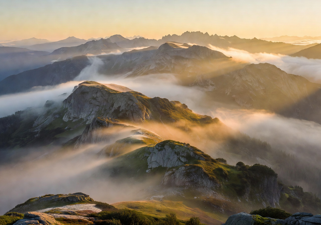 Mountain vista with soft morning mist and golden light