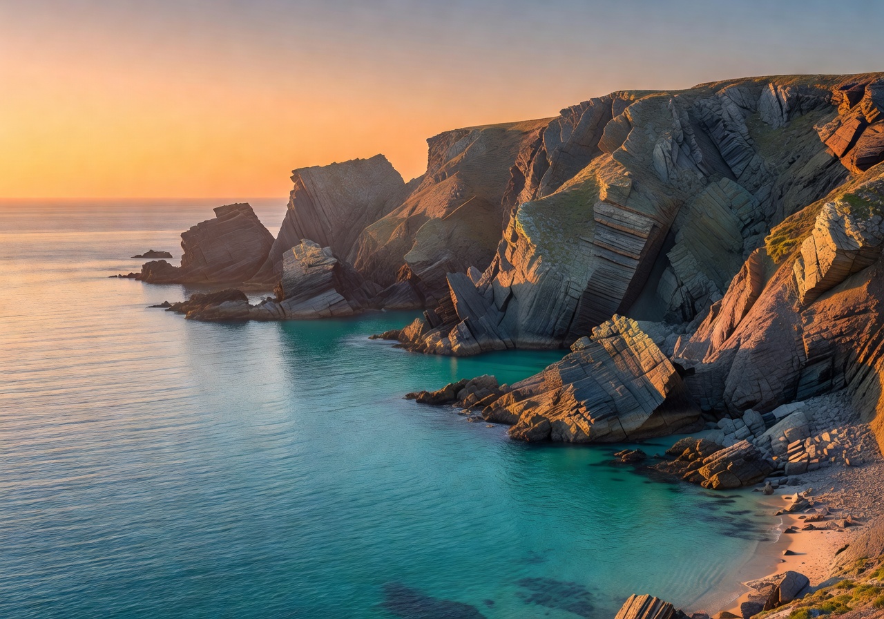 Ocean cliffs at golden hour with calm turquoise water