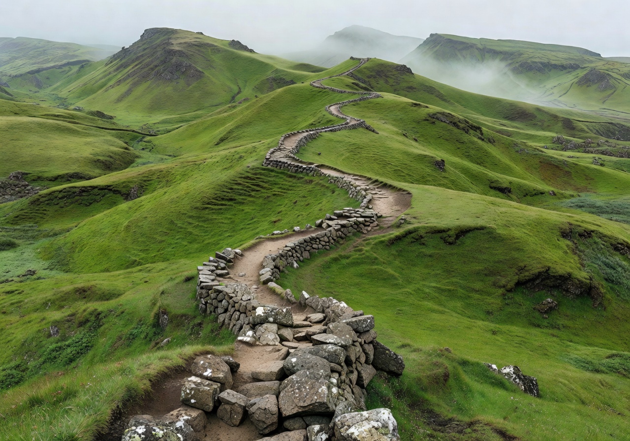Rolling green hills with ancient stone path in Iceland