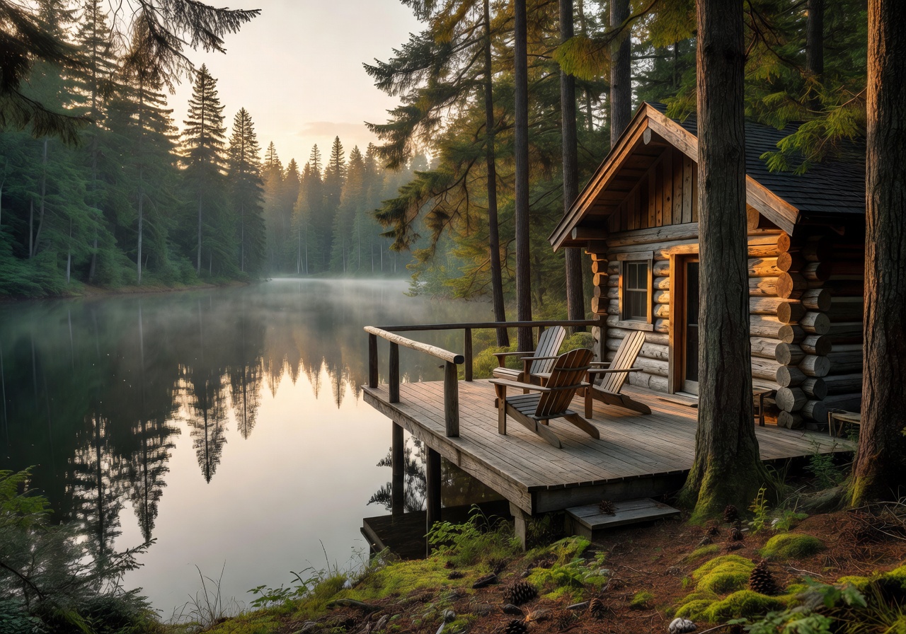 Serene forest cabin retreat with wooden deck overlooking lake