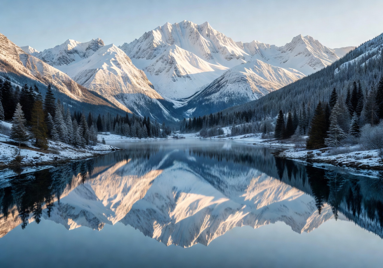 Snow-capped mountain range reflecting on still alpine lake