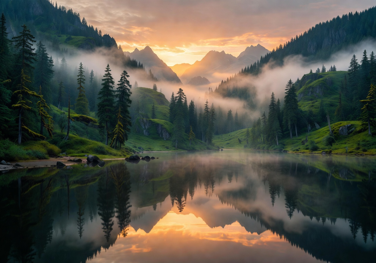 Sunrise over misty forest mountains and tranquil lake